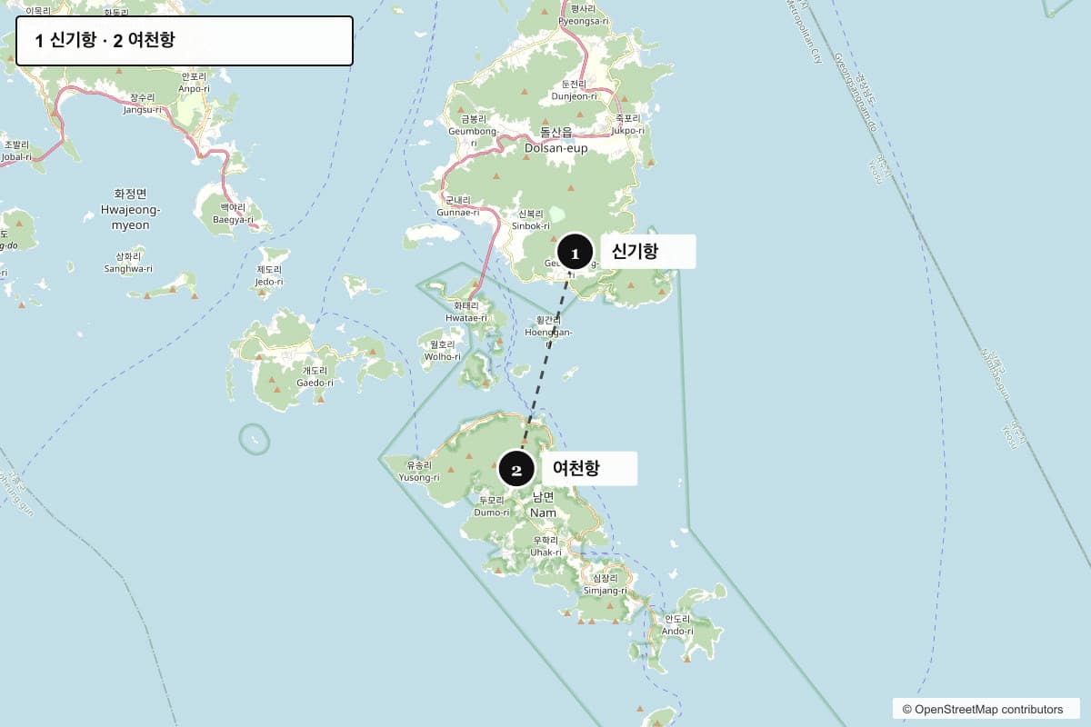 여수 돌산 신기항과 금오도 여천항의 위치를 표시한 지도
